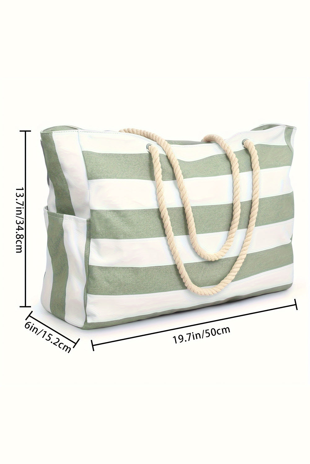 Grand sac fourre-tout en toile rayée verte avec poignée en corde