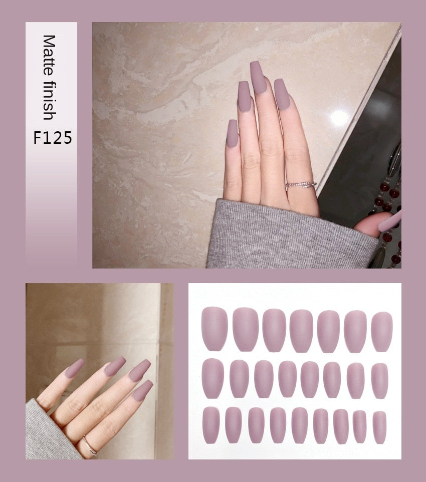 Faux ongles – Stiletto longs, transparents, mat, complets, avec colle