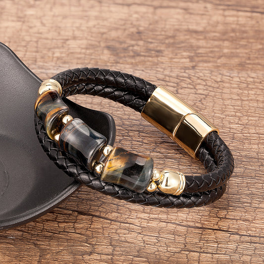 Nouveau Bracelet tressé en cuir avec pierres en bambou et œil de tigre