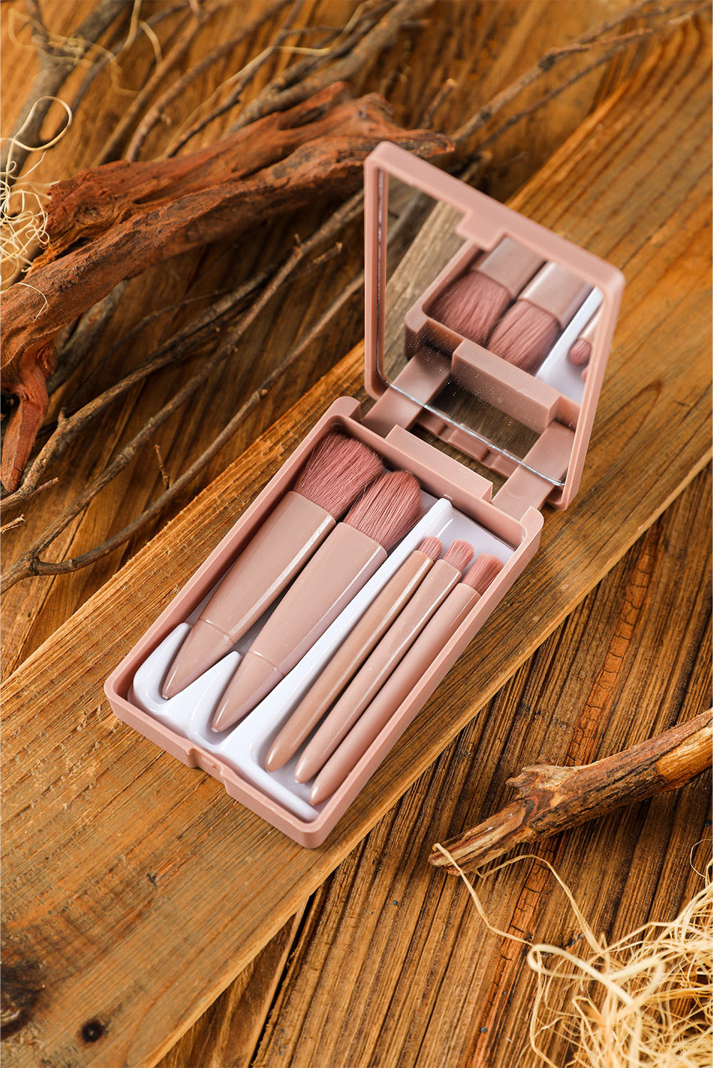 Pinceau de maquillage portable rose 5 pièces avec miroir