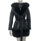 Veste en cuir noire fausse fourrure pour dame