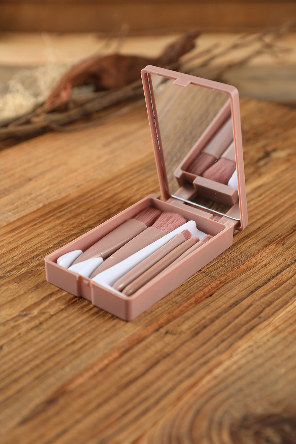 Pinceau de maquillage portable rose 5 pièces avec miroir