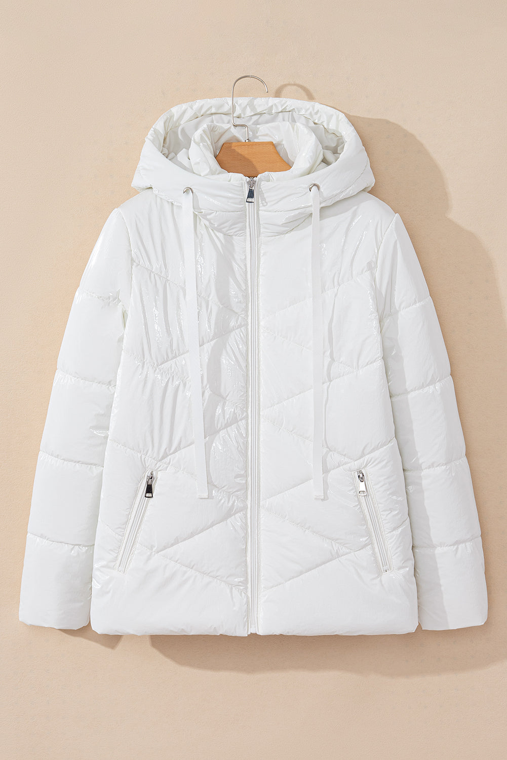 Manteau bouffant matelassé uni blanc avec capuche et fermeture à glissière