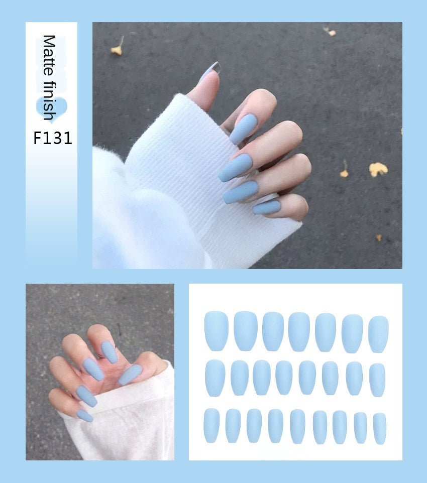 Faux ongles – Stiletto longs, transparents, mat, complets, avec colle
