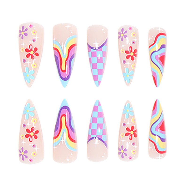 faux ongles en damier ondulé multicolores à petites fleurs