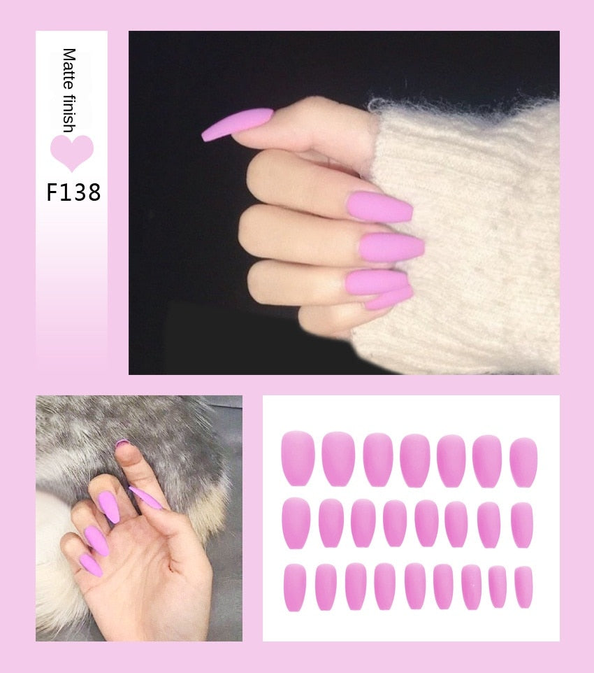 Faux ongles – Stiletto longs, transparents, mat, complets, avec colle