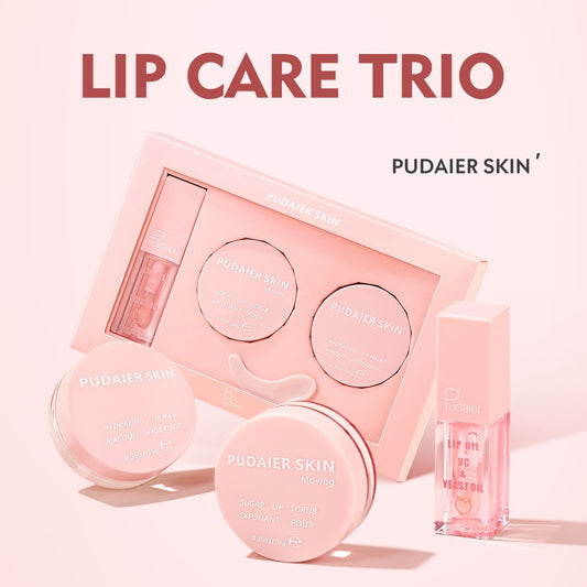 Set soin des lèvres Pudaier – Gommage, masque hydratant, huile et rouge à lèvres.