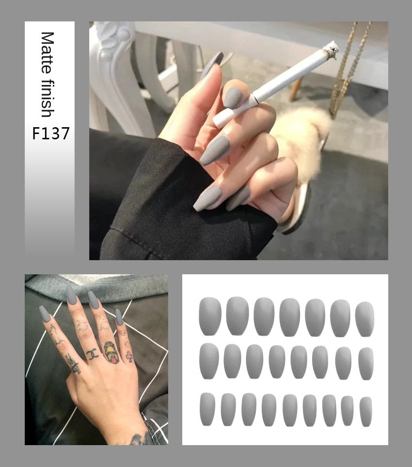 Faux ongles – Stiletto longs, transparents, mat, complets, avec colle