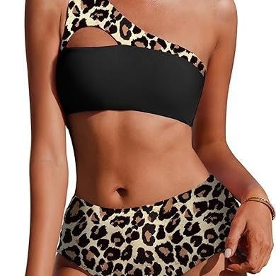Bikini Taille Haute – Épaule Unique, Réversible & Imprimé Végétal