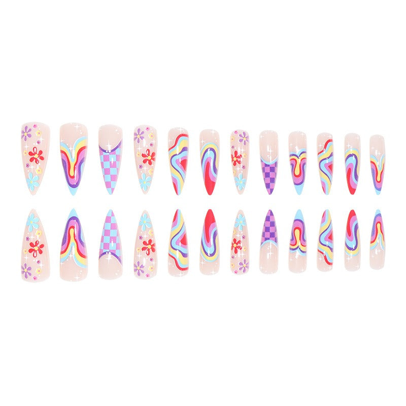 faux ongles en damier ondulé multicolores à petites fleurs