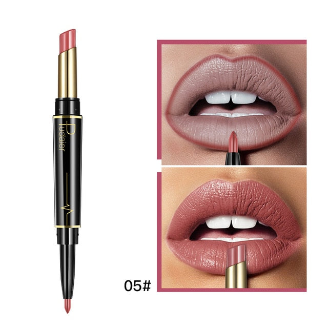 Rouge à lèvres mat waterproof – Double embout, longue tenue, nude & rouge foncé.