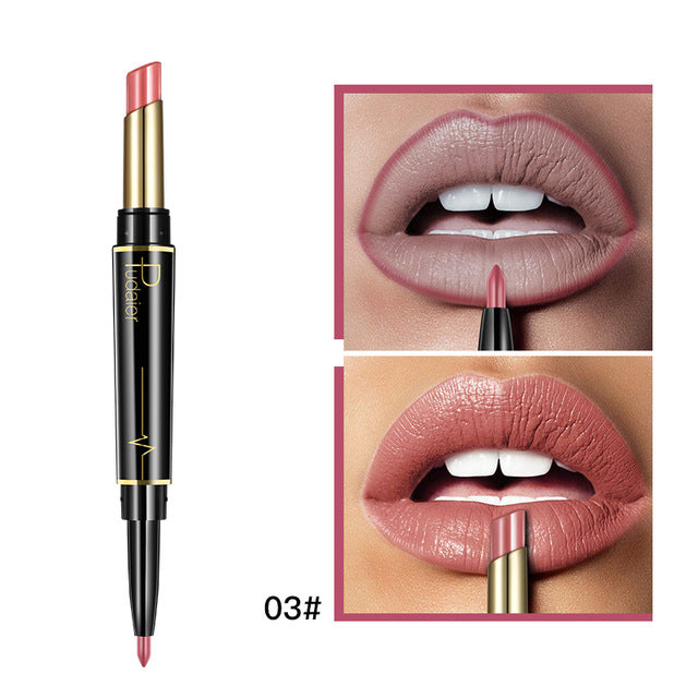 Rouge à lèvres mat waterproof – Double embout, longue tenue, nude & rouge foncé.