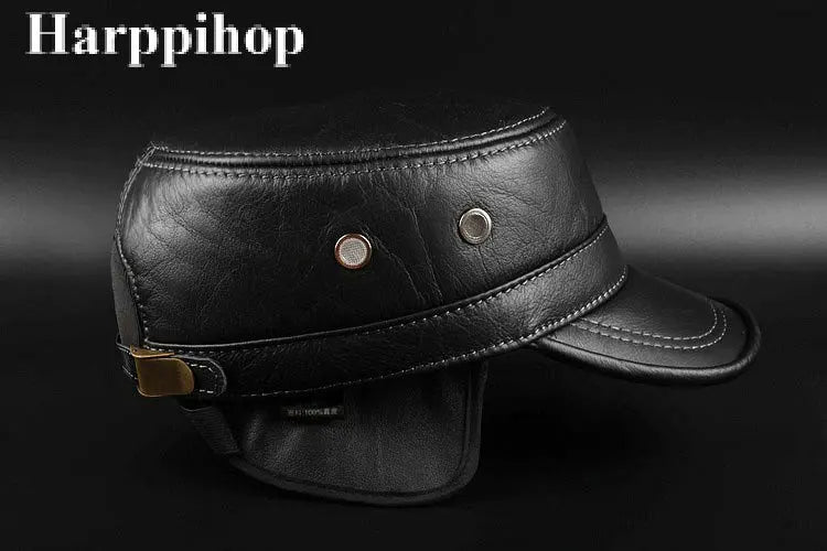 Chapeau en Cuir Véritable Homme -  Casquette Militaire Hiver