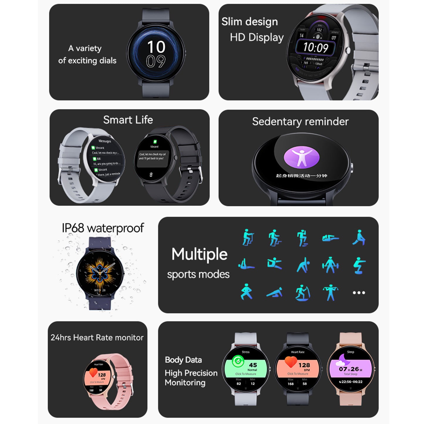 Montre de sport prise de  pression artérielle, oxygène. Bluetooth, appels, jeux, musique, compteur de pas Smart Watch