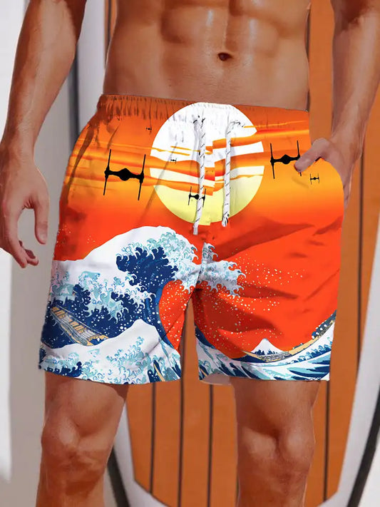 Short de Bain Homme – Impression Requin & Bateau Ukiyo-E