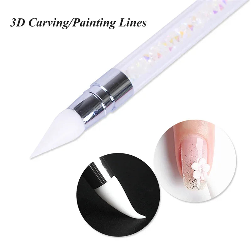 Stylo de sculpture d'ongles en silicone à double extrémité Pinceau de sculpture d'ongles Miroir Poudre pailletée Peinture de pointillés Stylo de manucure Outils de manucure