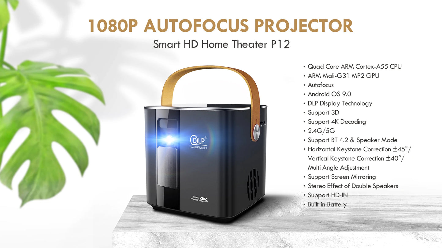 Projecteur portable 4K, Android, Wi-Fi, Bluetooth, cinéma extérieur