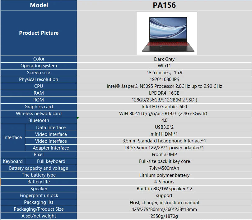 PA156 Ordinateur portable 15.6 » Intel N5095 Win11 16G 128G/256G/512G Notebook Netbook Clavier rétro-éclairé WIFI HD BT4.0 USB3.0 3.0MP