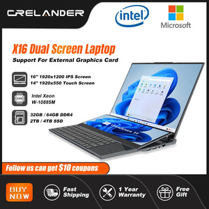 CRELANDER Ordinateur portable à double écran 16,1 pouces + 14,1 pouces tactile Intel 10885M