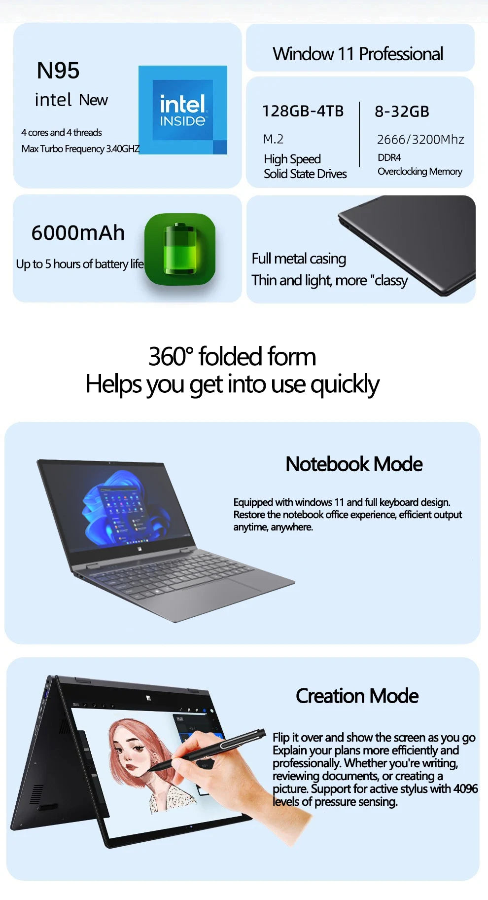 YOGA 14" Mini Laptop Intel N95 32GB RAM 2TB SSD 2-in-1 2.5K Écran Tactile 360°