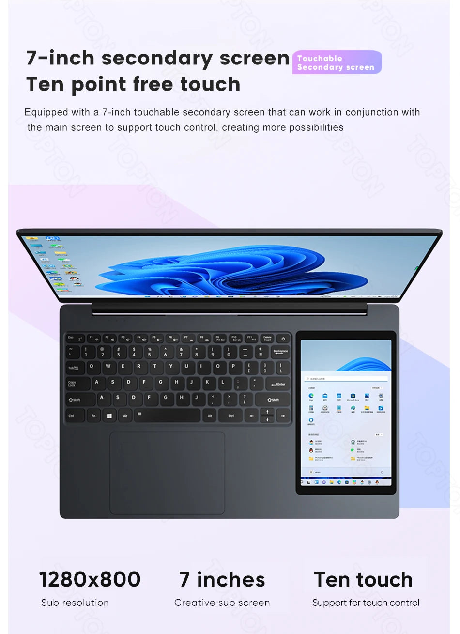 Topton L10 Dual Screen Laptop, 15,6" IPS + 7" Tactile, Intel N100 12th Gen