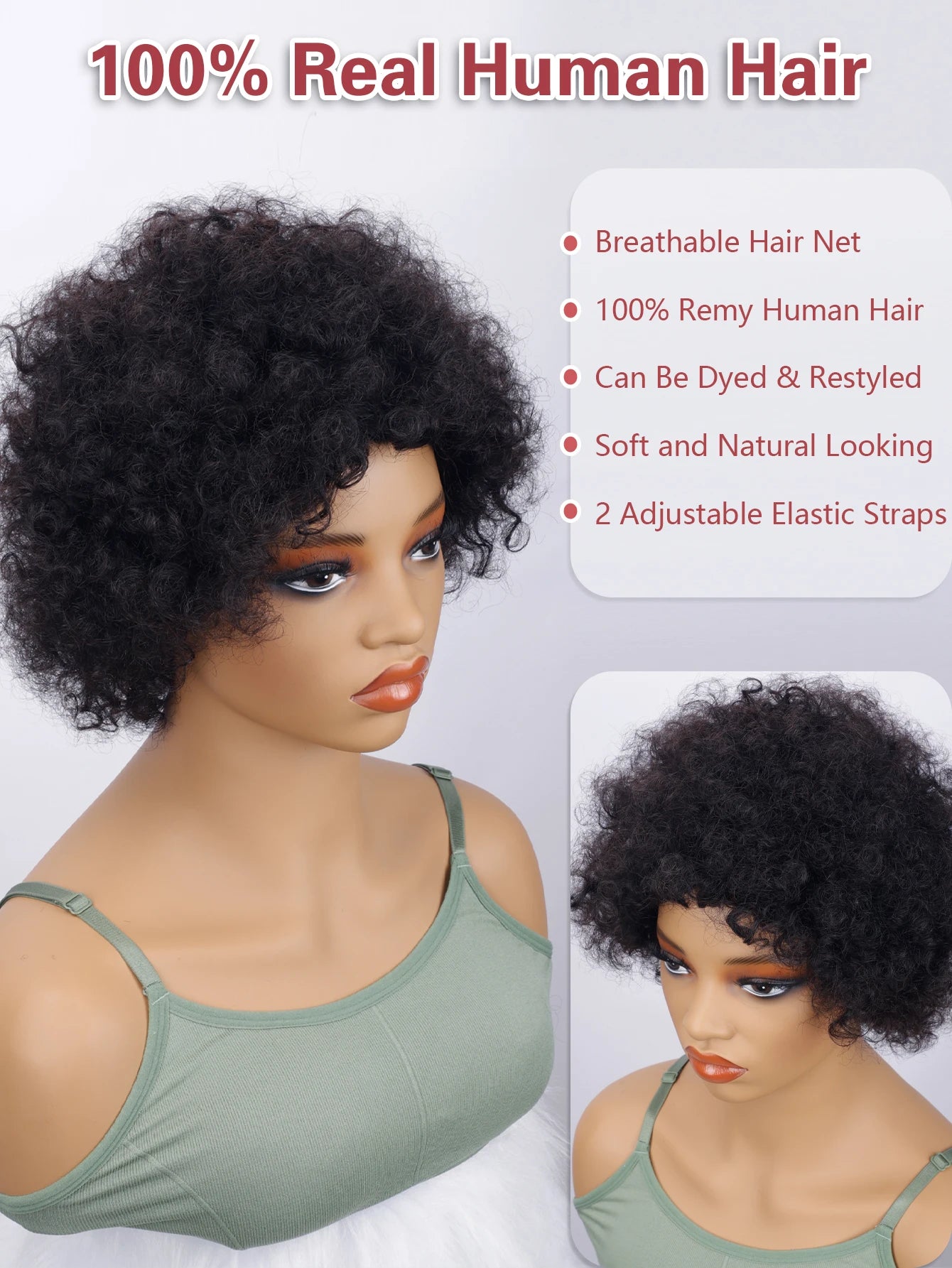 Perruque Afro Kinky Curly Court - Cheveux Humains Naturels