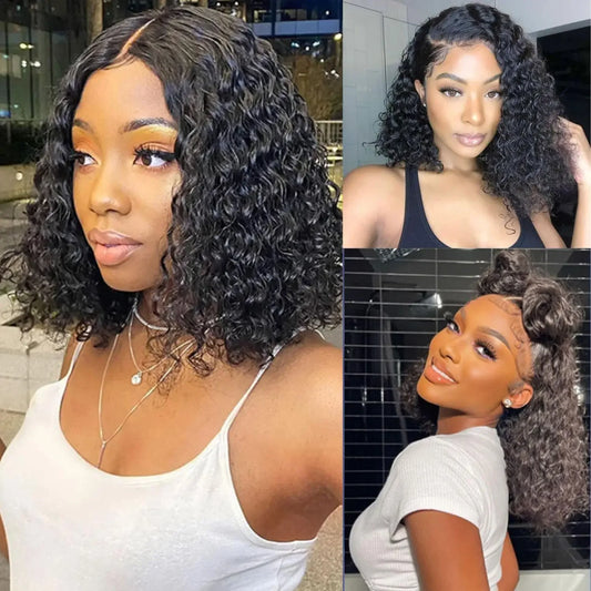 Water Wave 13x4 Bob Wigs Curly Deep Wig 100% Human Hair Wig 4x4 Lace Frontal Wigs For Women Pre Plucked 12 14 16 Inch Human Hair