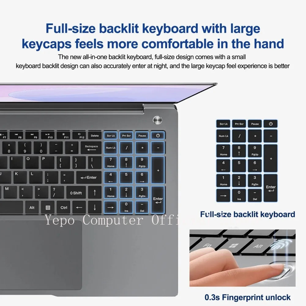 Yepo Laptop Intel Core i7, Windows 11 Pro, 15,6" 2K HD Screen, MX450 2GB, Carte Graphique Indépendante, Bureau