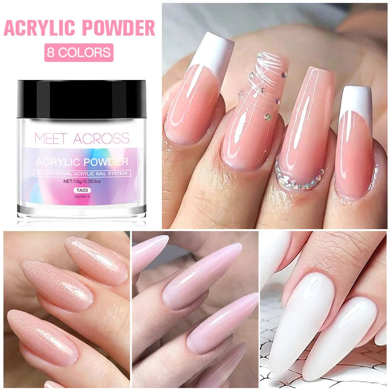 MEET ACROSS 10g poudre acrylique transparente rose blanc polymère professionnel pour extension d'ongles français nail art pas besoin de lampe durcissement