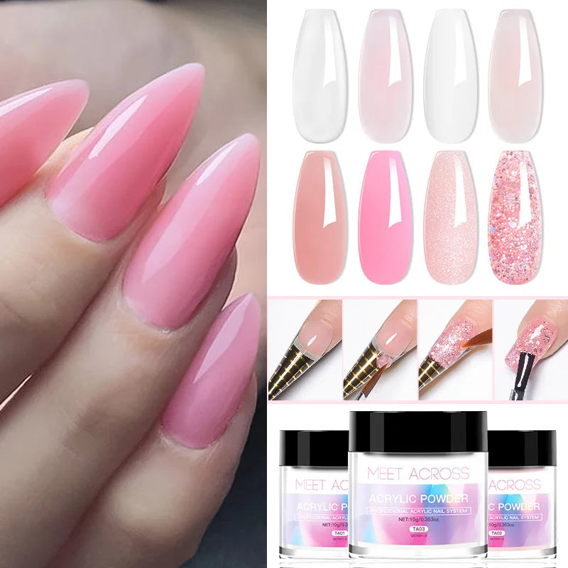 MEET ACROSS 10g poudre acrylique transparente rose blanc polymère professionnel pour extension d'ongles français nail art pas besoin de lampe durcissement