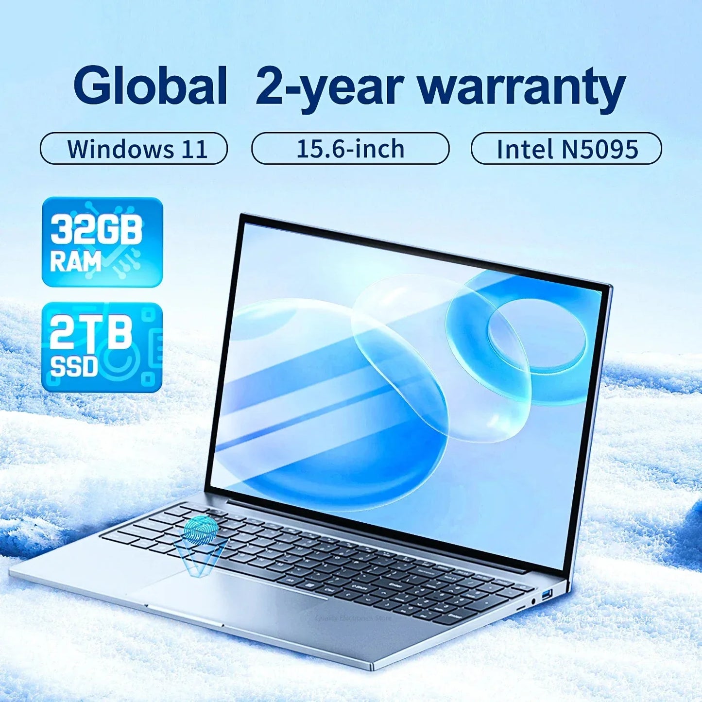 Laptop 15,6" Intel N5095 32GB RAM 2TB SSD Windows 11 avec empreinte digitale