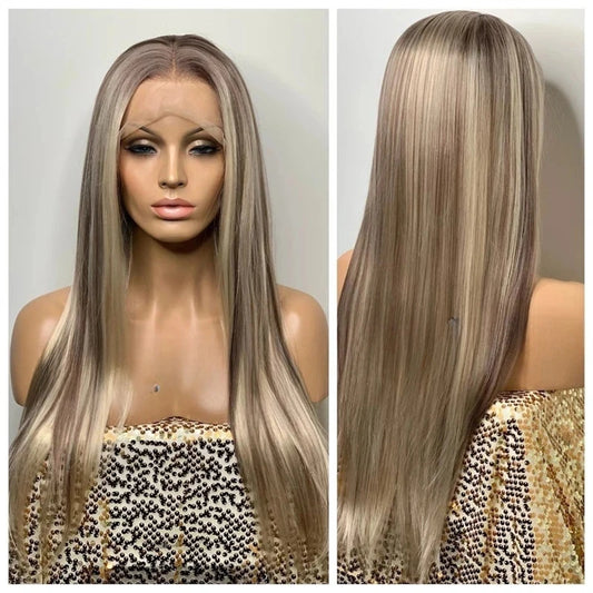 Perruque Synthétique Lace Front Ombre Blond Cendré Brun – HD Invisible