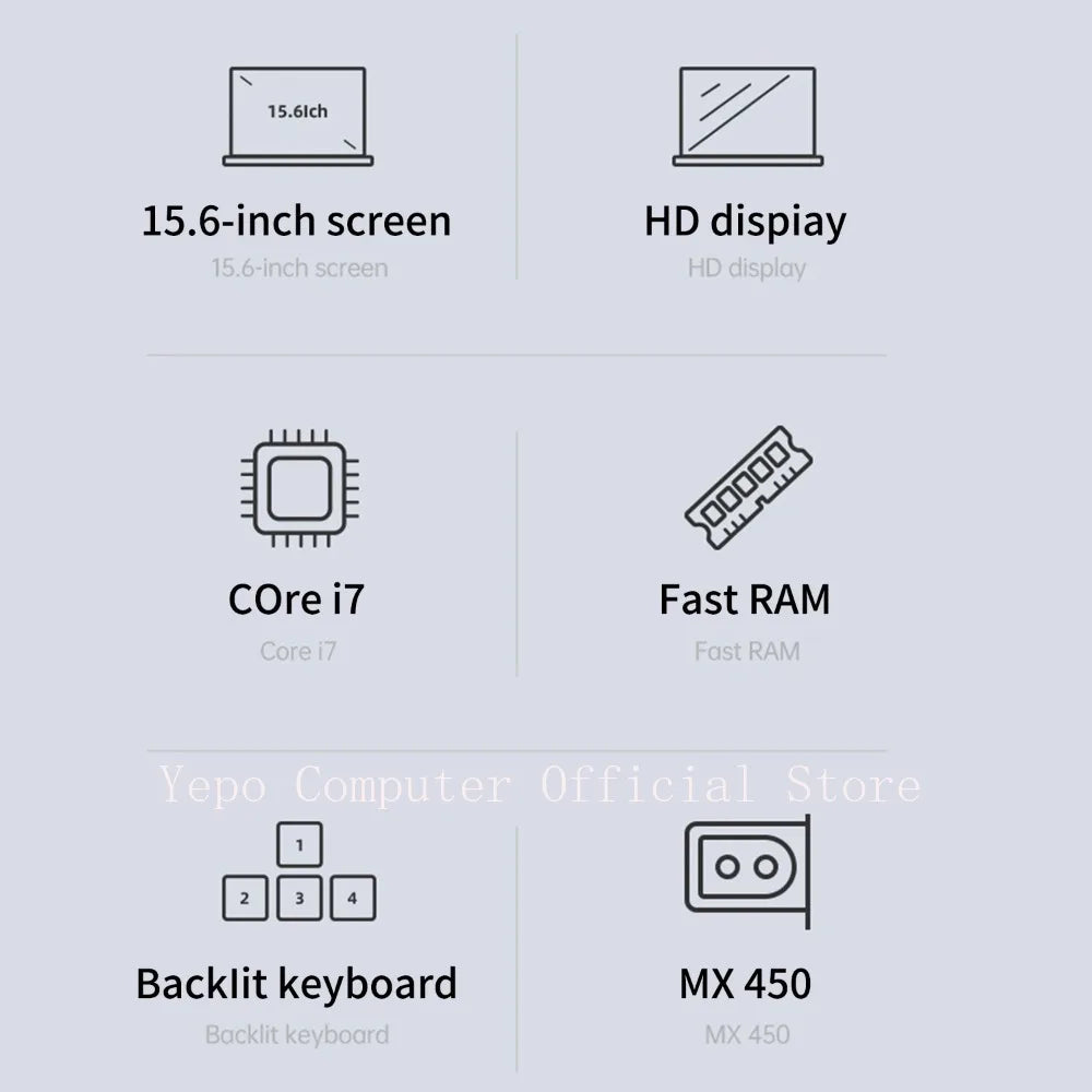 Yepo Laptop Intel Core i7, Windows 11 Pro, 15,6" 2K HD Screen, MX450 2GB, Carte Graphique Indépendante, Bureau