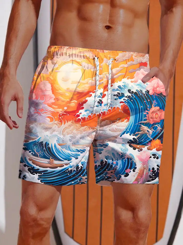 Short de Bain Homme – Impression Requin & Bateau Ukiyo-E