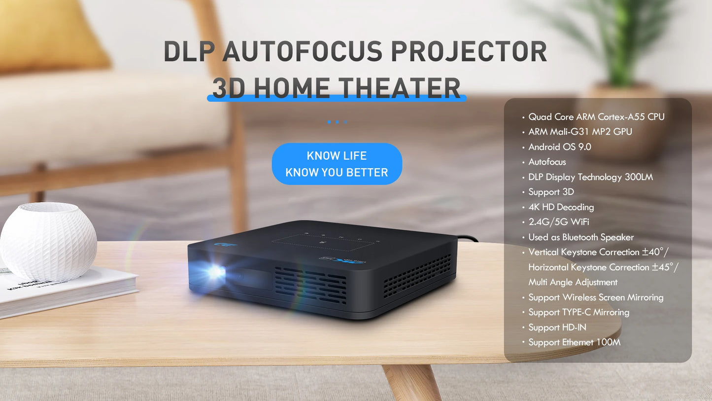 Projecteur portable 4K, Android, Wi-Fi, Bluetooth, cinéma extérieur