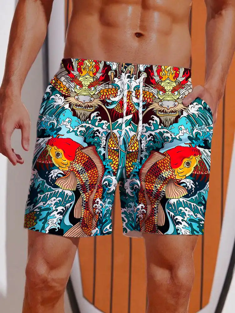 Short de Bain Homme – Impression Requin & Bateau Ukiyo-E