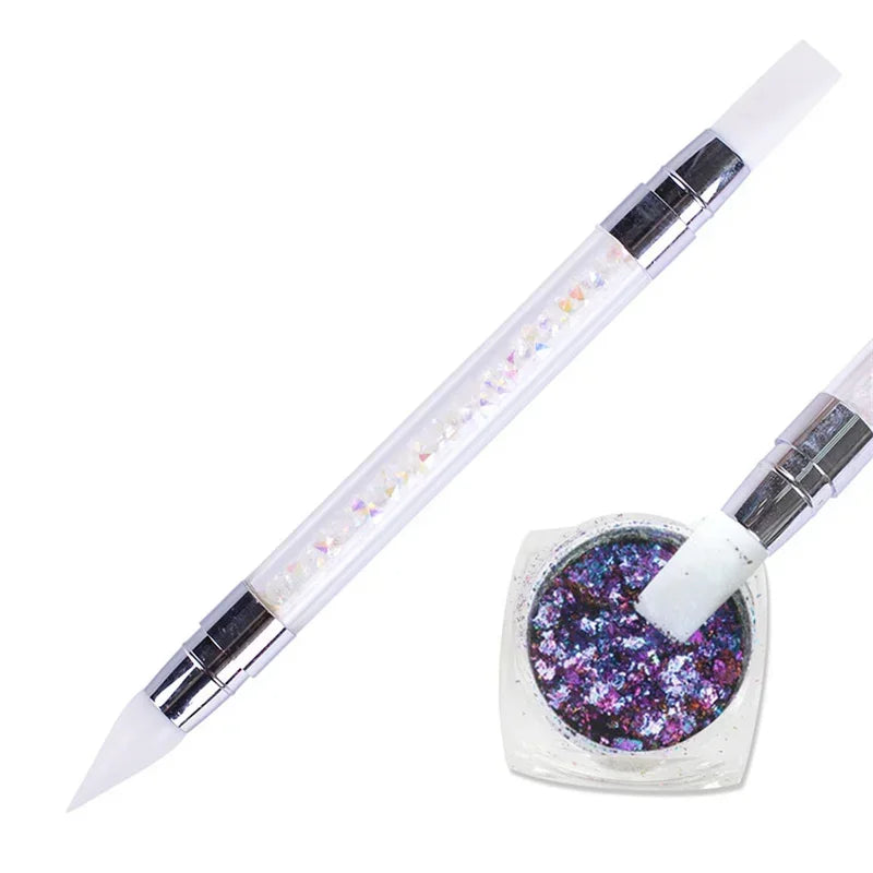 Stylo de sculpture d'ongles en silicone à double extrémité Pinceau de sculpture d'ongles Miroir Poudre pailletée Peinture de pointillés Stylo de manucure Outils de manucure