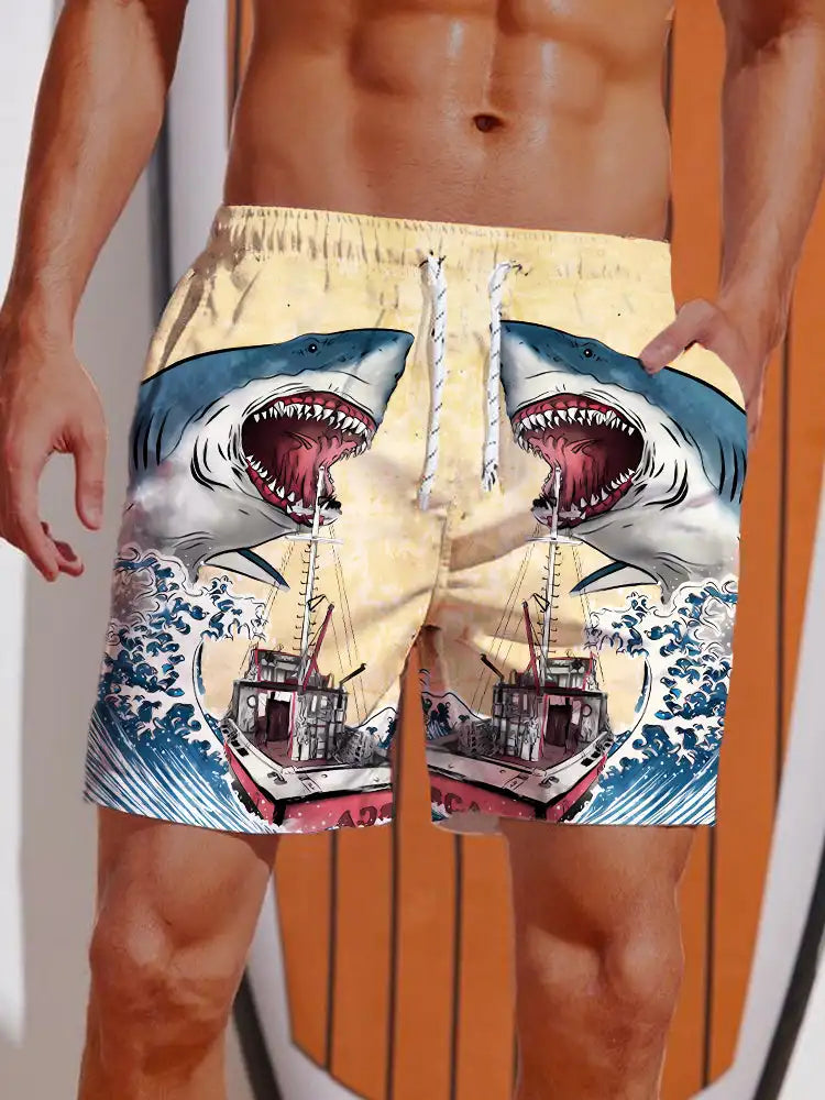 Short de Bain Homme – Impression Requin & Bateau Ukiyo-E