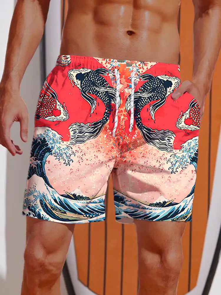 Short de Bain Homme – Impression Requin & Bateau Ukiyo-E