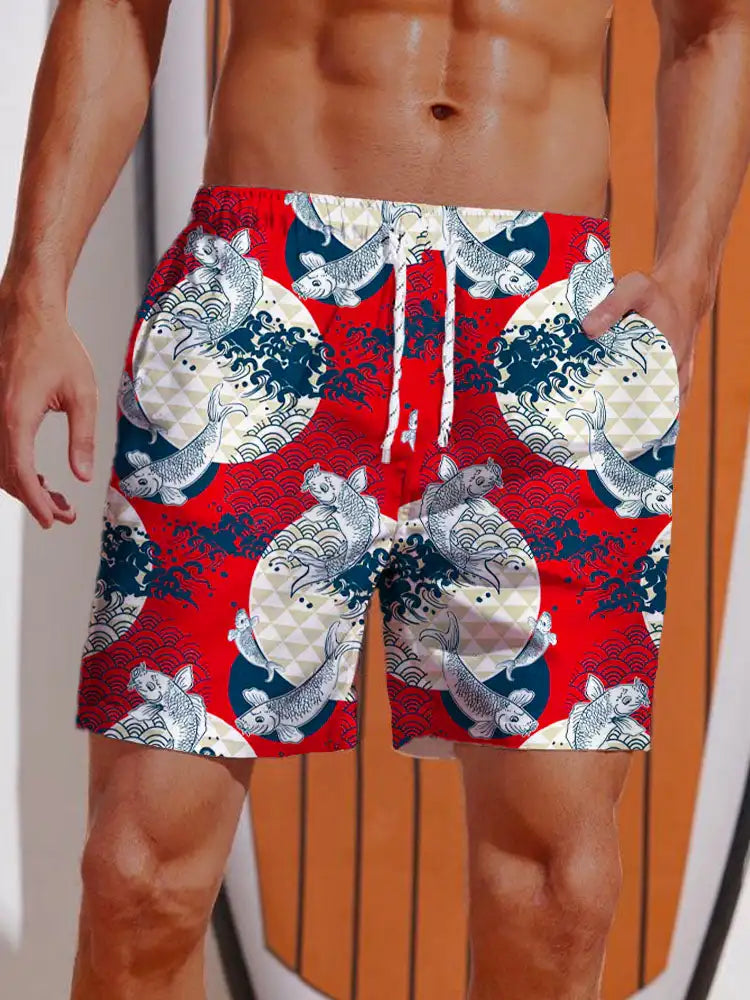 Short de Bain Homme – Impression Requin & Bateau Ukiyo-E