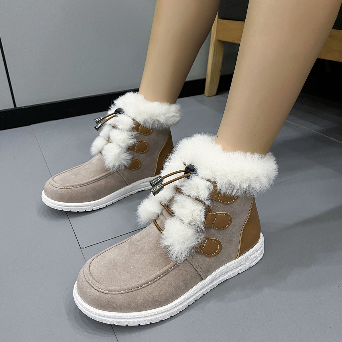 chaussures d'hiver chaudes en daim plaire et peluche à bout rond en coton pur femme