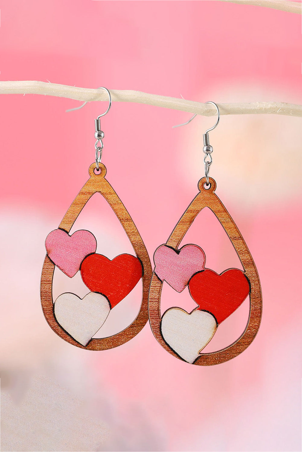 Boucles d'oreilles gouttes d'eau avec insertion de 3 coeurs pour la Saint-Valentin