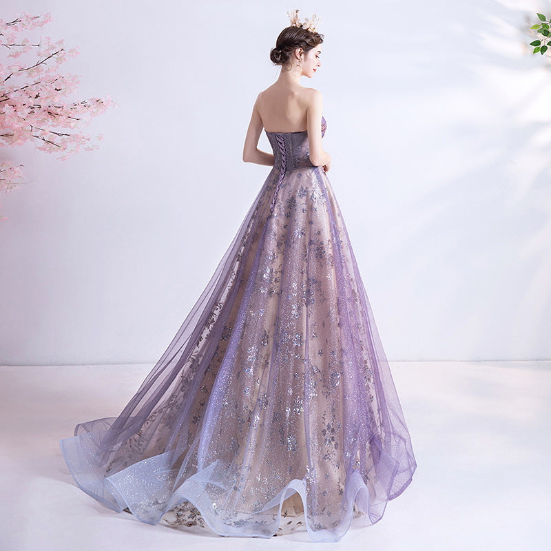 Robe de mariée bustier à paillettes violettes étoilées