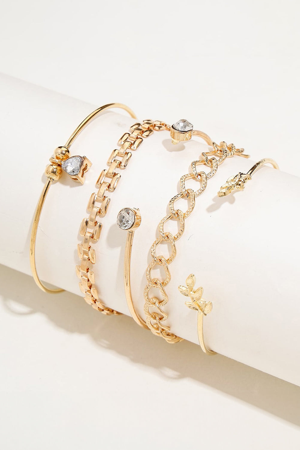 Jeu de bracelets réglables avec incrustation de strass en forme de coeur et feuilles d'or