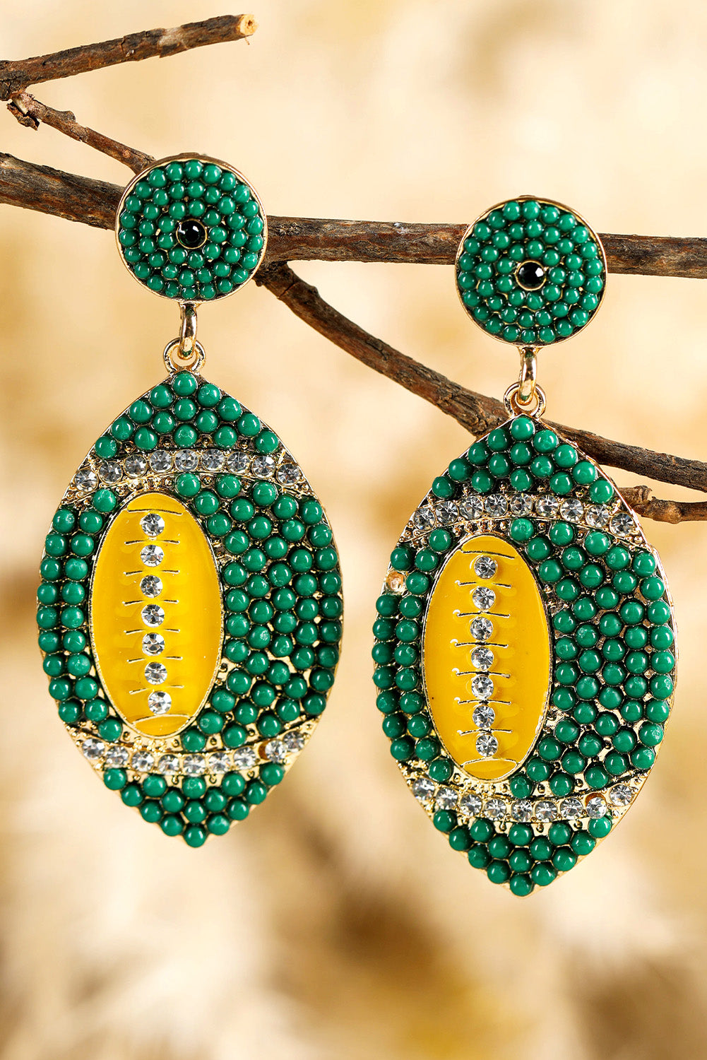 Pendants d'oreilles Rugby avec perles et strass vert foncé