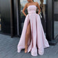 Robe de soirée longue en satin simple avec fente haute et fermeture éclair, sans bretelles