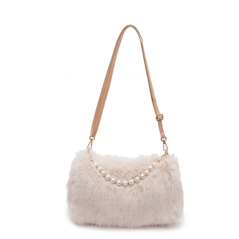 Sac à bandoulière avec chaîne et perles, en peluche  pour femme, mode automne et hiver