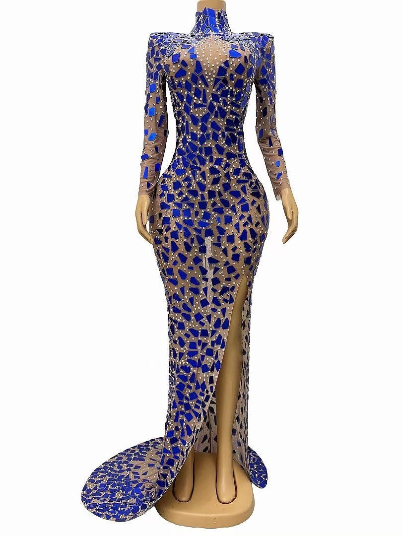 Robe de soirée de performance sexy élégant col roulé robe bleue à lentilles robe de banquet