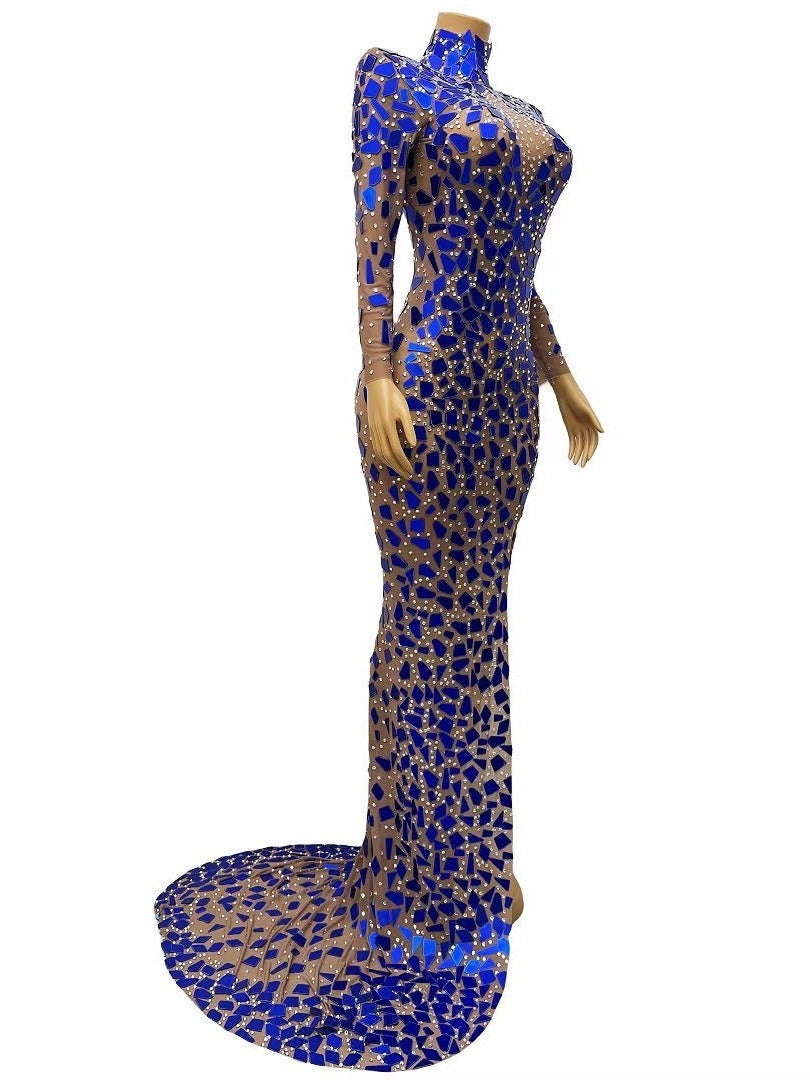 Robe de soirée de performance sexy élégant col roulé robe bleue à lentilles robe de banquet