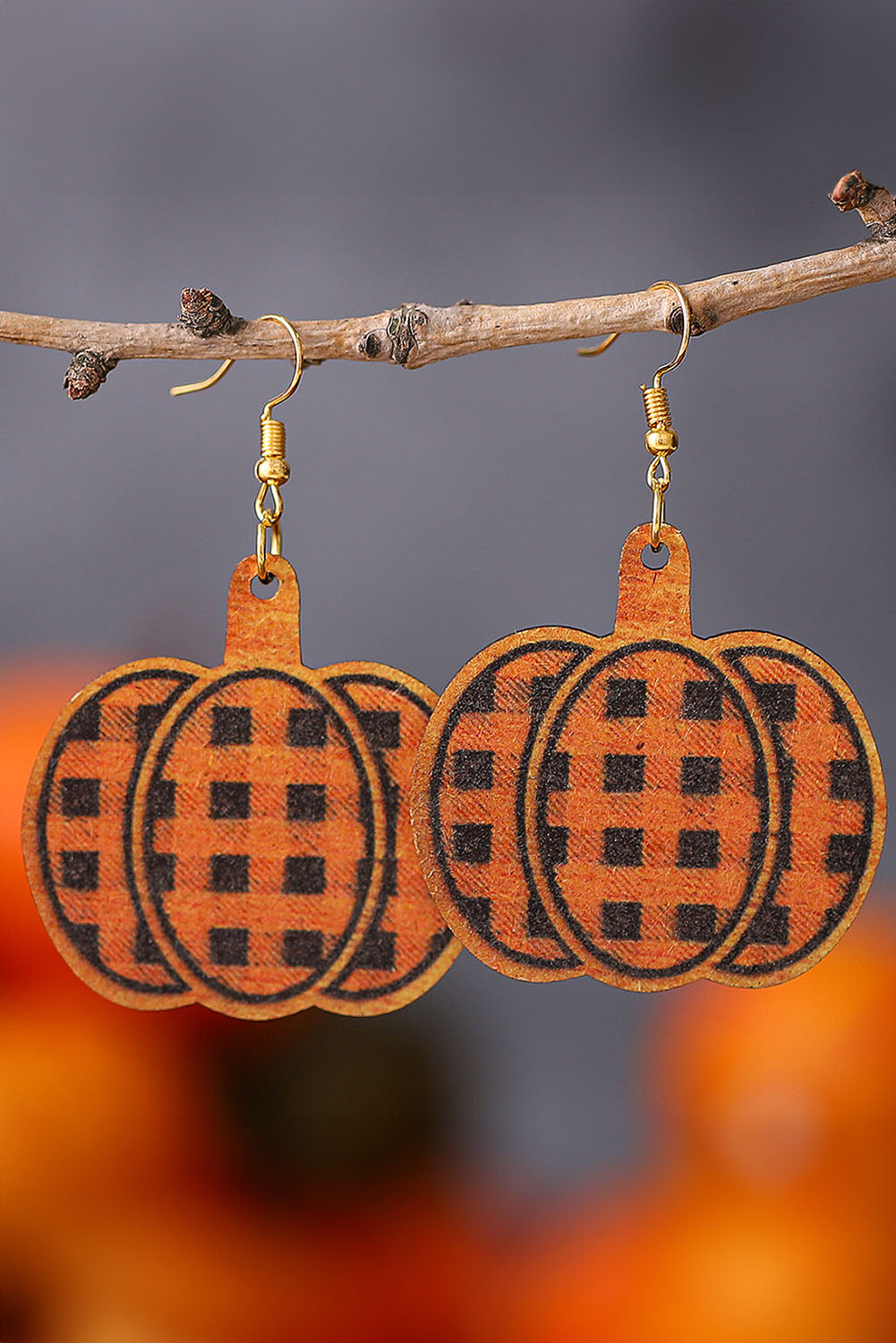 Russet Orange Plaid Print Pumpkin Shape Autumn Drop Earrings